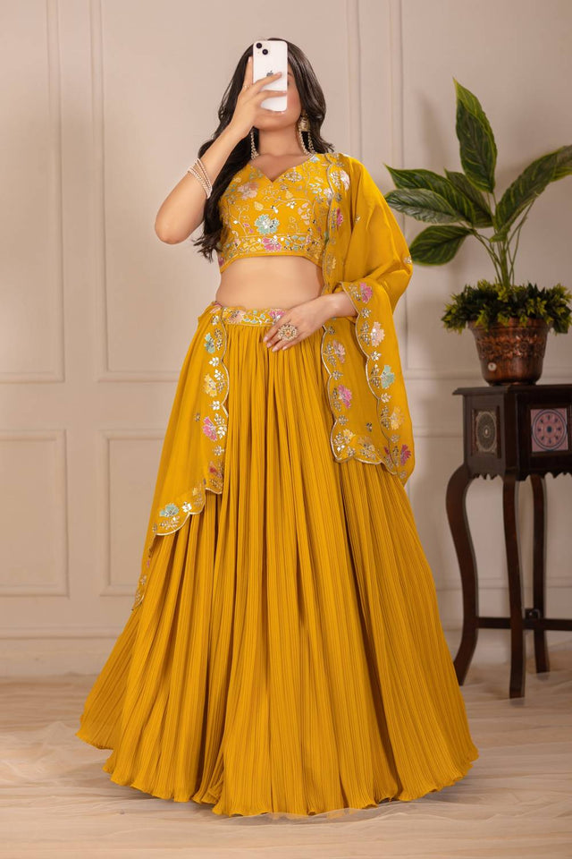 Yellow Solid Georgette Lehenga