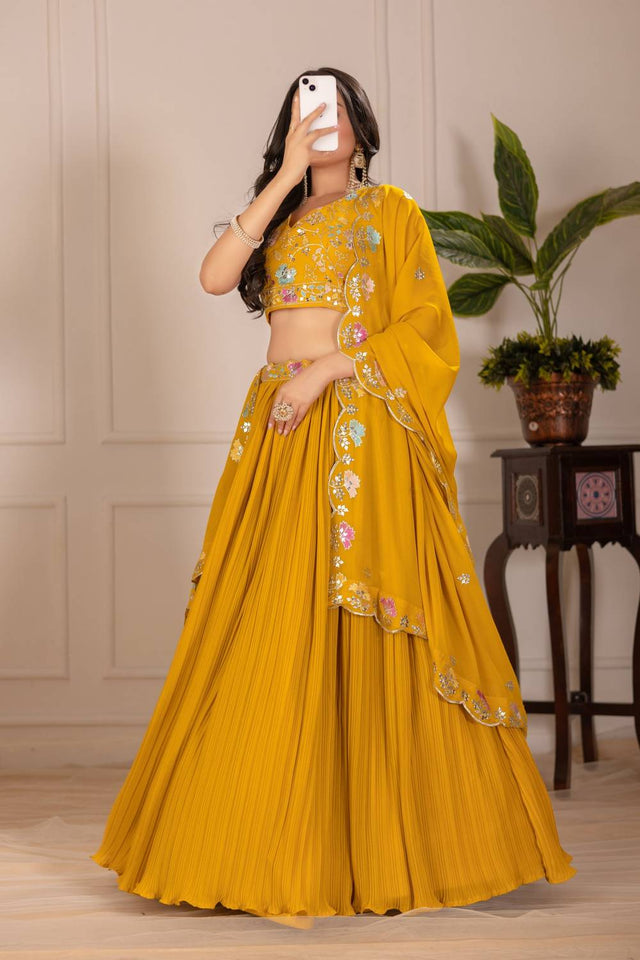 Yellow Solid Georgette Lehenga