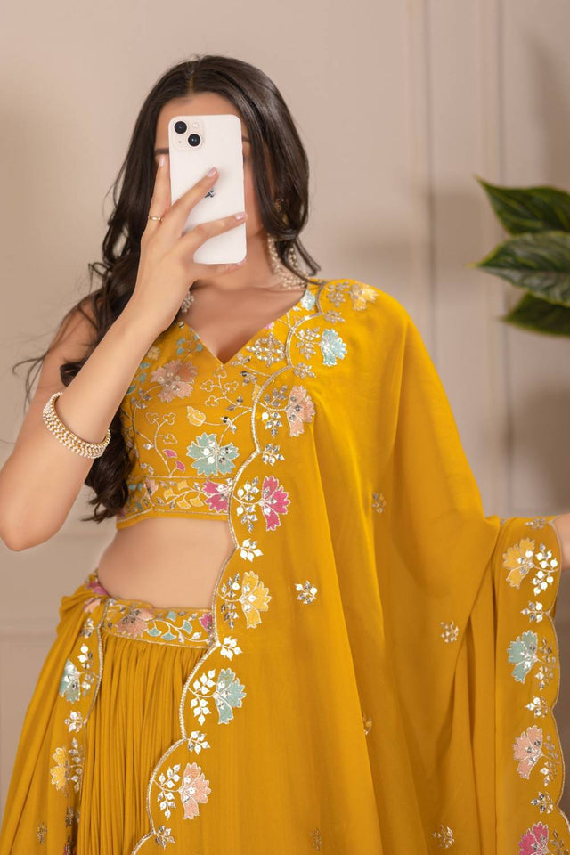 Yellow Solid Georgette Lehenga