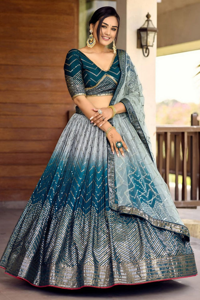 Blue Sequin Chinon Lehenga (WF-5057-Blue)