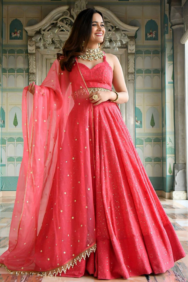 Pink Sequin Georgette Lehenga (WF-7082-Pink)