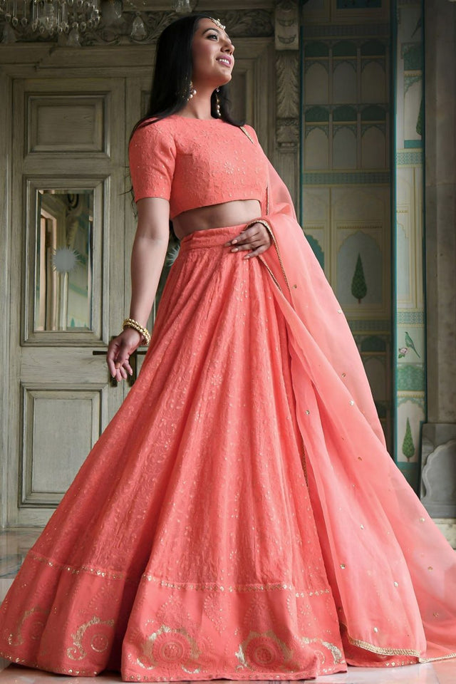 Peach Sequin Georgette Lehenga (WF-7083-Peach)
