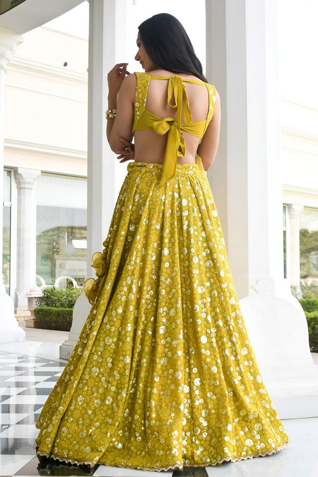 Olive Green Floral Embroidered Georgette Lehenga (WF-7084-Olive)
