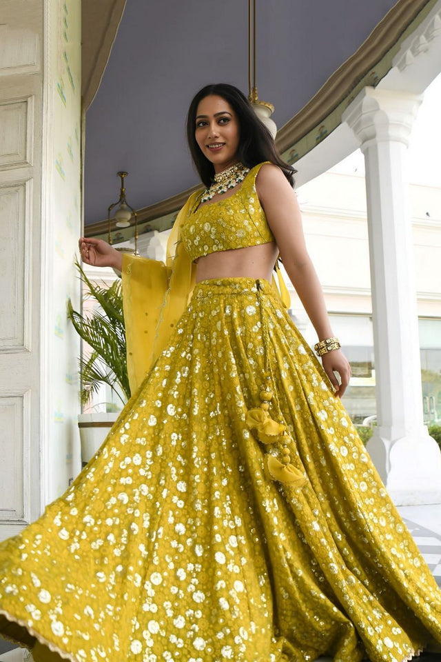 Olive Green Floral Embroidered Georgette Lehenga (WF-7084-Olive)