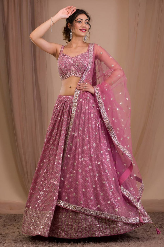 Pink Floral Embroidered Georgette Lehenga (WF-7088-Pink)