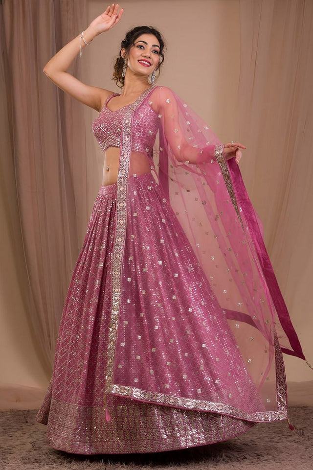 Pink Floral Embroidered Georgette Lehenga (WF-7088-Pink)