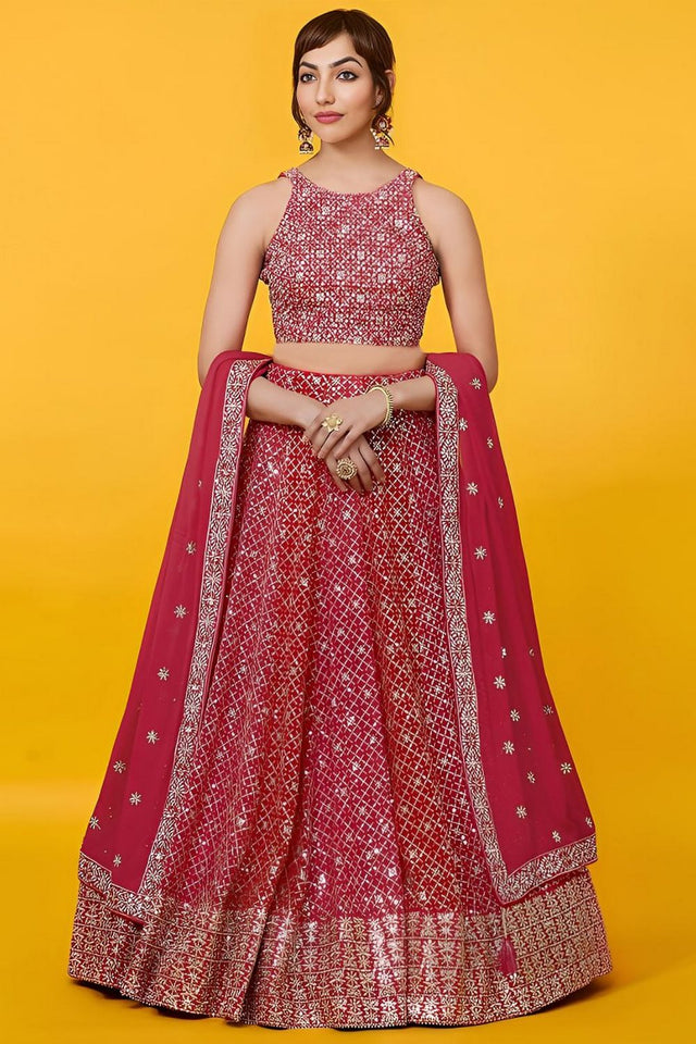 Red Floral Embroidered Georgette Lehenga (WF-7088-Red)