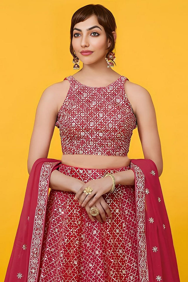 Red Floral Embroidered Georgette Lehenga (WF-7088-Red)