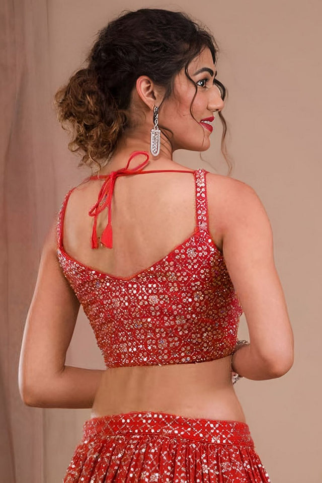 Red Floral Embroidered Georgette Lehenga (WF-7088-Red)