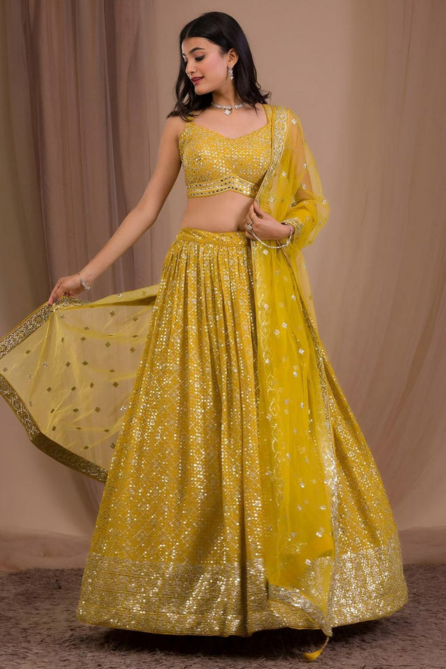 Yellow Floral Embroidered Georgette Lehenga (WF-7088-Yellow)