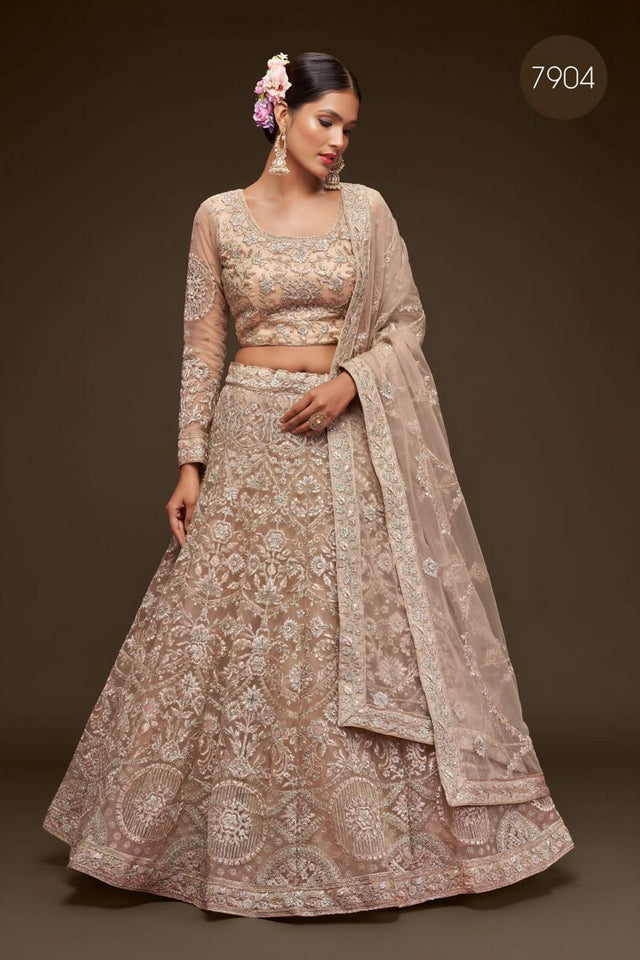 Beige Floral Embroidered Net Lehenga (WF-7904)