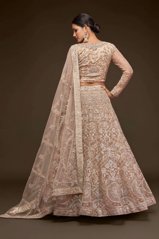 Beige Floral Embroidered Net Lehenga (WF-7904)