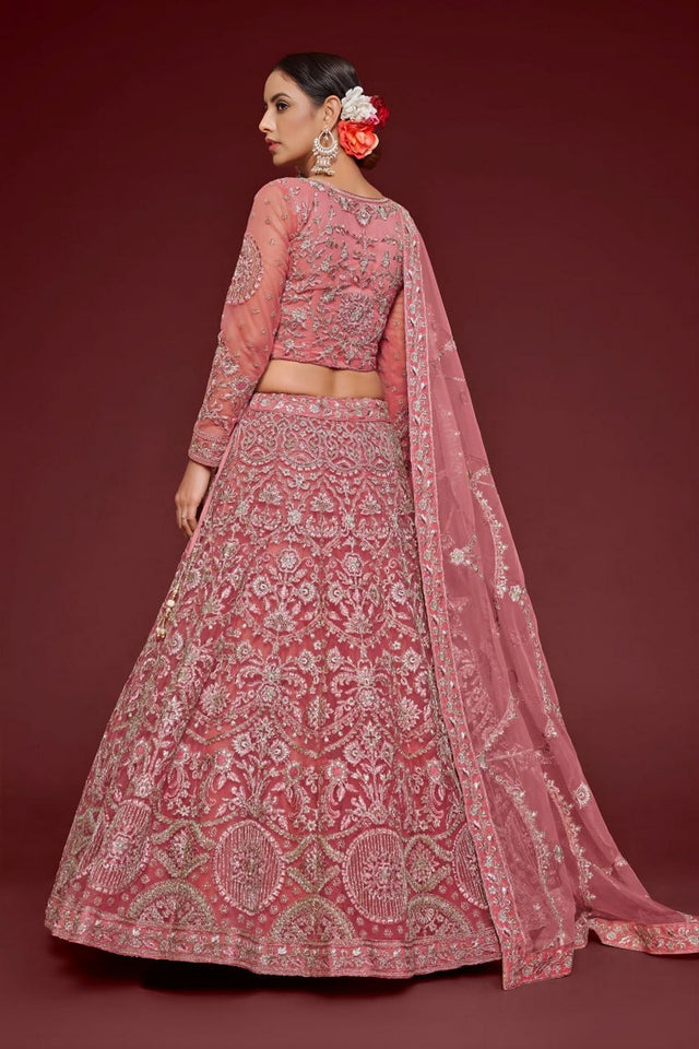 Pink Floral Embroidered Net Lehenga (WF-7905)
