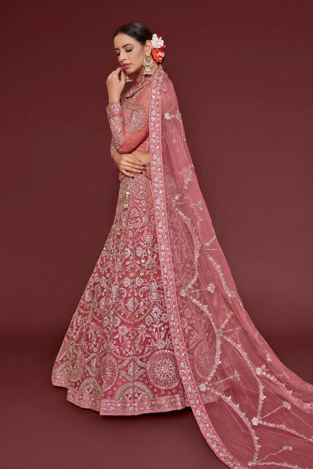 Pink Floral Embroidered Net Lehenga (WF-7905)