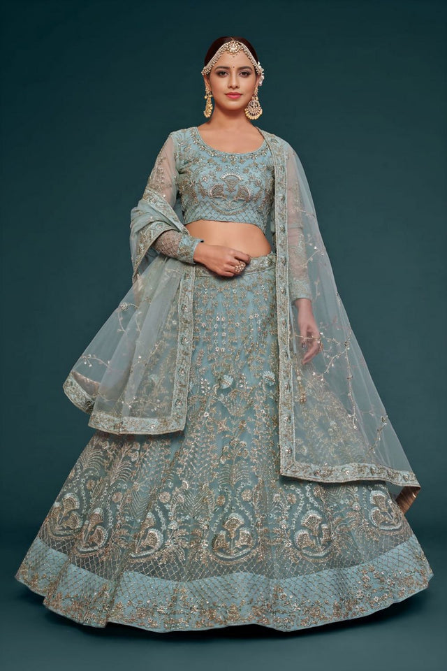 Sea Blue Floral Embroidered Net Lehenga (WF-7906)