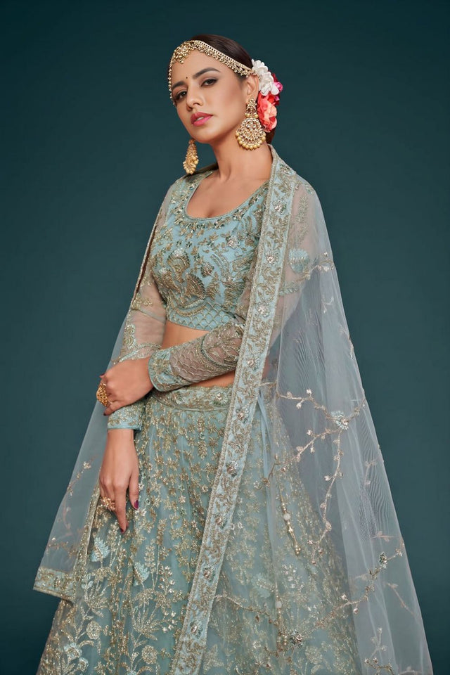 Sea Blue Floral Embroidered Net Lehenga (WF-7906)