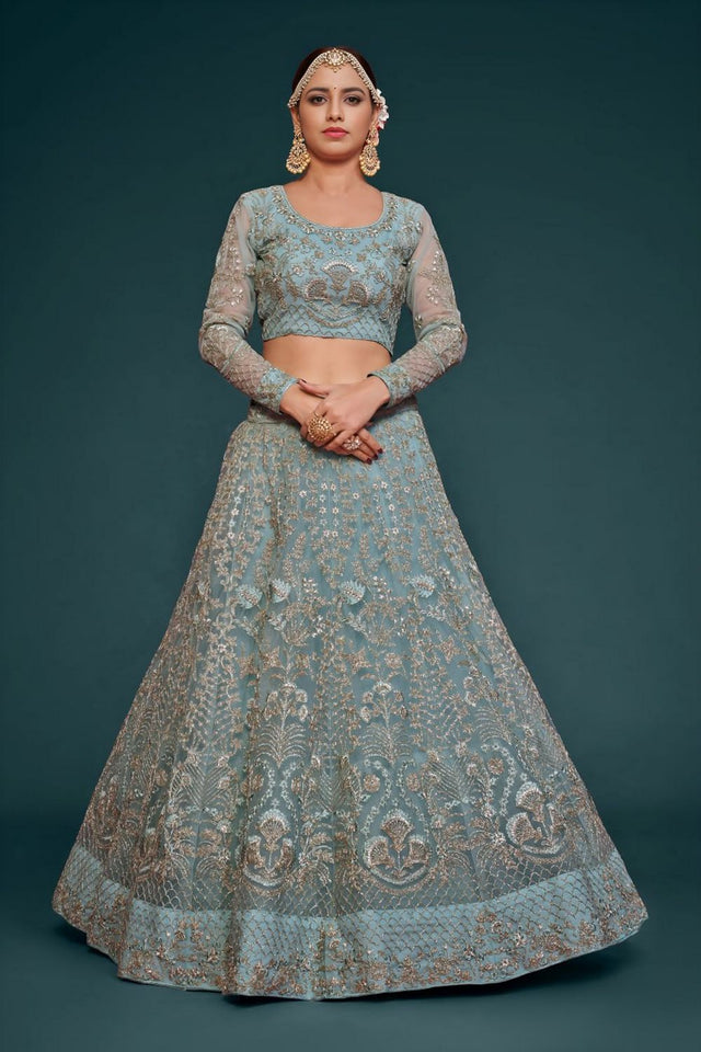 Sea Blue Floral Embroidered Net Lehenga (WF-7906)