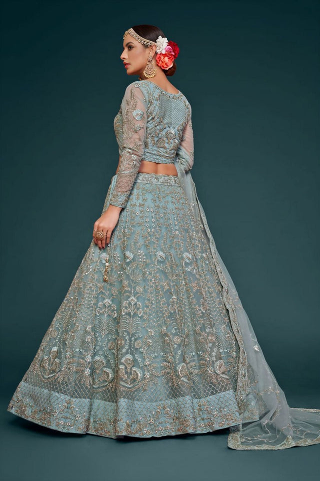 Sea Blue Floral Embroidered Net Lehenga (WF-7906)
