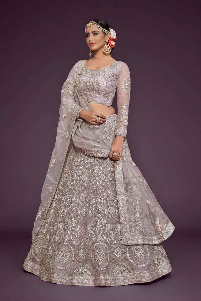 Lavender Floral Embroidered Net Lehenga (WF-7907)