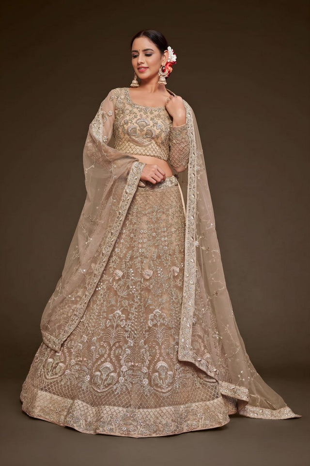 Beige Floral Embroidered Net Lehenga (WF-7908)