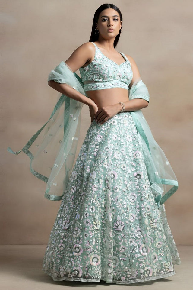 Blue Floral Embroidered Net Lehenga (WF5126-Blue)