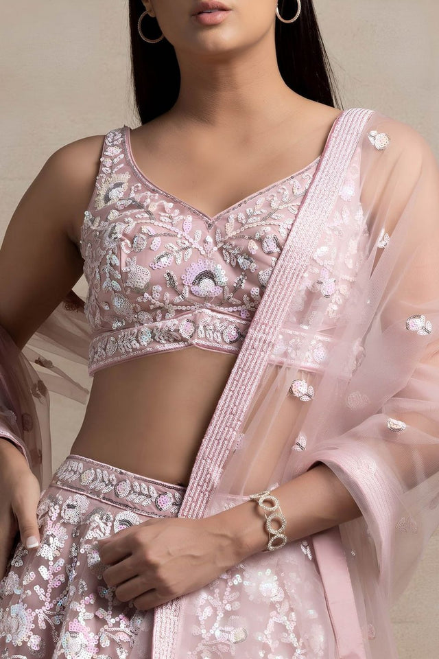 Pink Floral Embroidered Net Lehenga (WF5126-Pink)