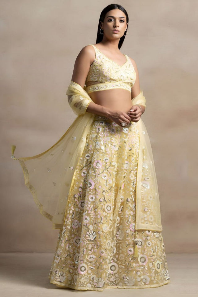 Yellow Floral Embroidered Net Lehenga (WF5126-Yellow)