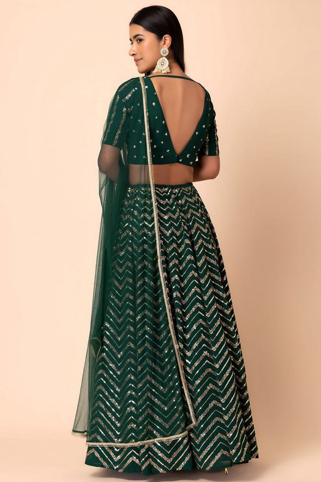 Green Sequin Georgette Lehenga (WF7094-Green)