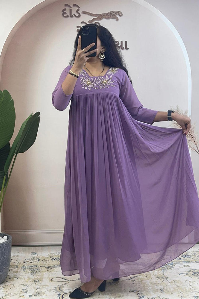 Lavender Floral Embroidered Georgette Long Kurti (WM28-LAVENDER)