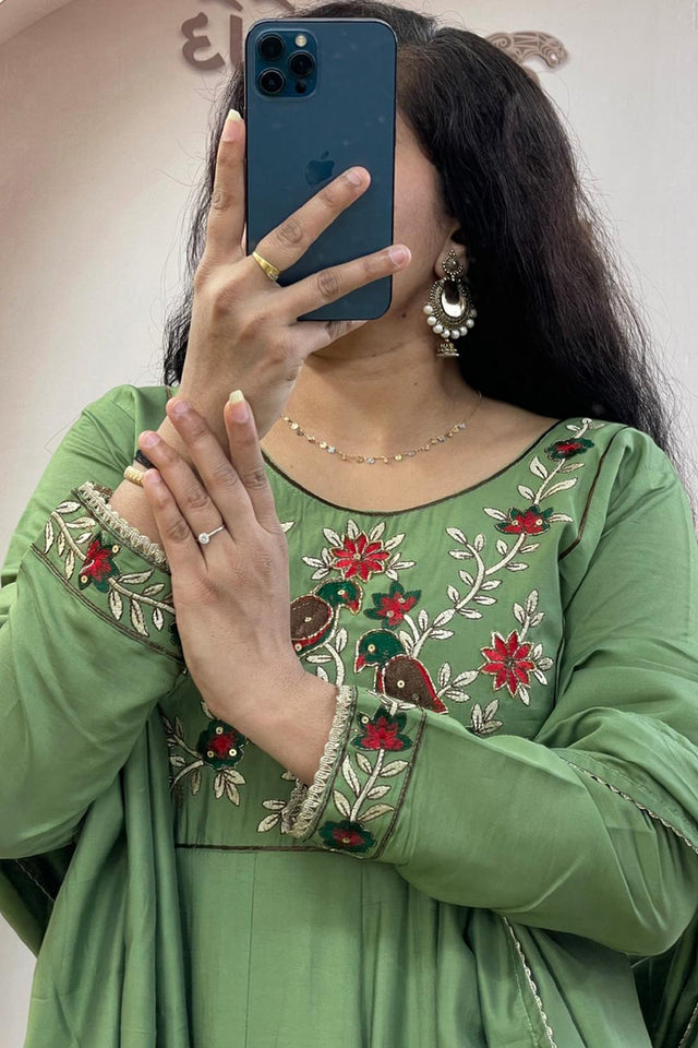 Green Floral Embroidered Silk Anarkali Suit (WM31-GREEN)