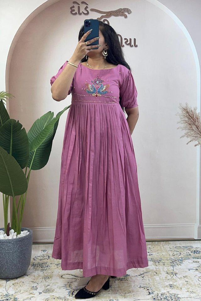 Lavender Embroidered Cotton Long Kurti (WM32-LAVENDER)