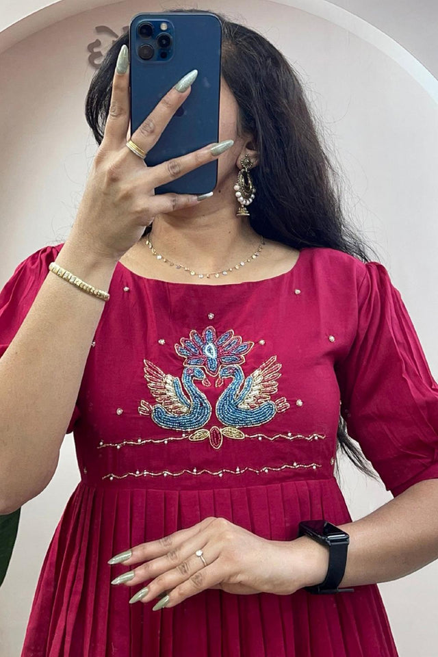 Pink Embroidered Cotton Long Kurti (WM32-PINK)