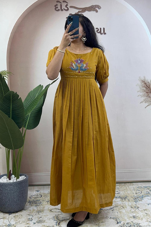 Yellow Embroidered Cotton Long Kurti (WM32-YELLOW)