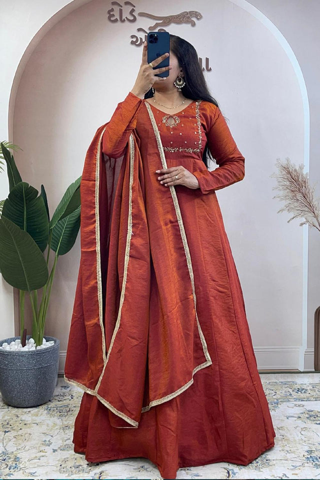 Brown Embroidered Silk Gown (WM35-BROWN)
