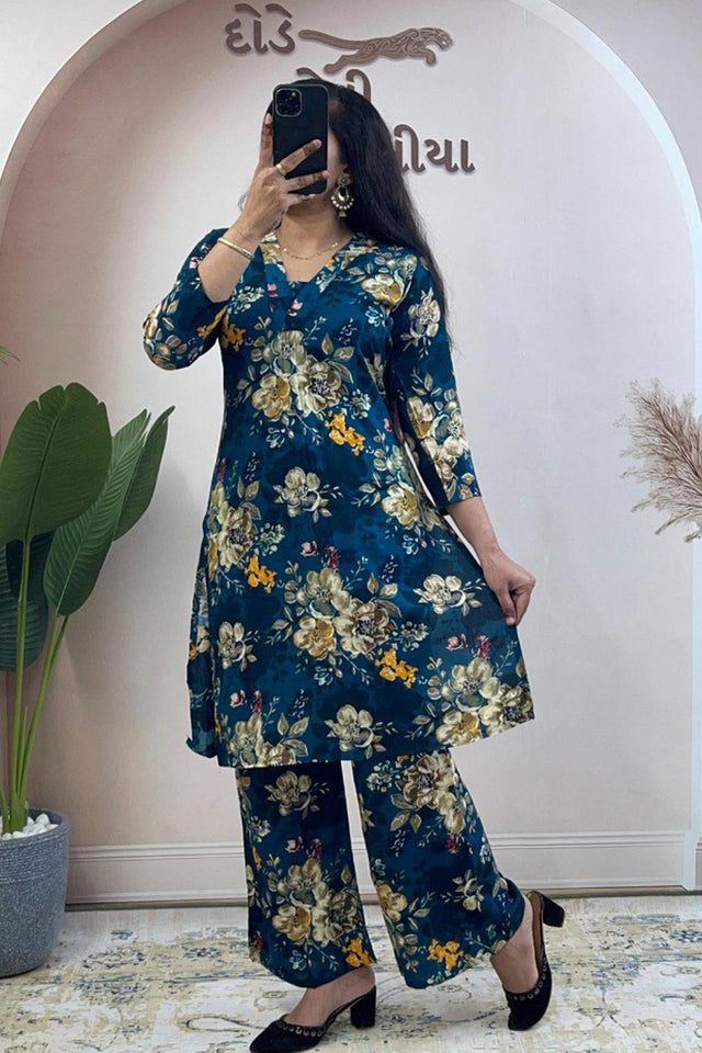 Turquoise Floral Printed Cotton Co-Ord Set (WM36-RAMA)