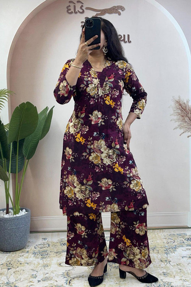 Wine Floral Printed Cotton Co-Ord Set (WM36-WINE)