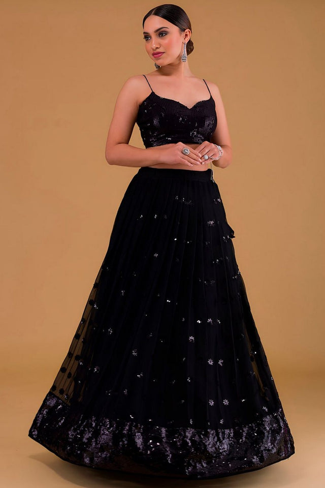 Black Embroidered Georgette Lehenga (Wf-5068-Black)