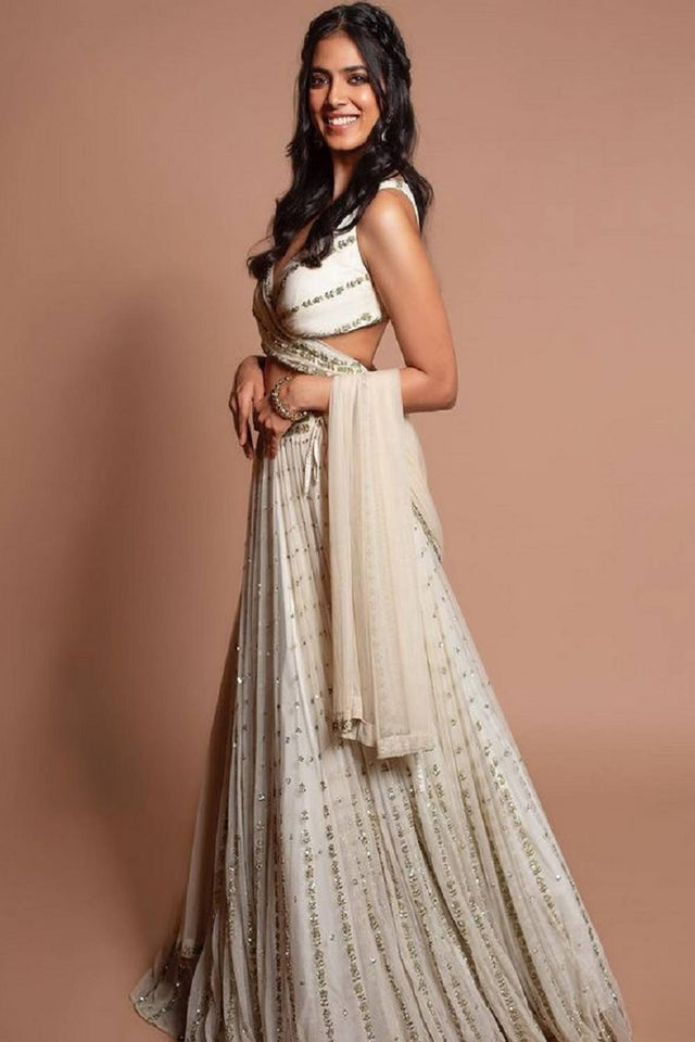 White Sequin Georgette Lehenga