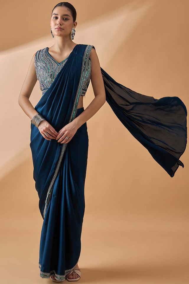 Blue Satin Solid Saree