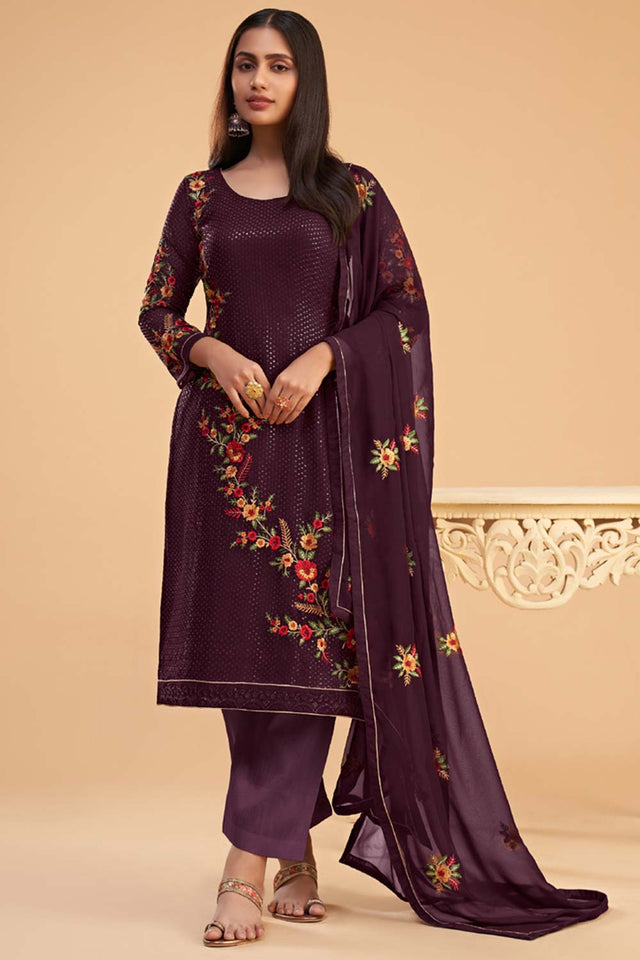 Violet Georgette Embroidered Round Neck Sharara Suit Set (ZAIDA12-2053-A)
