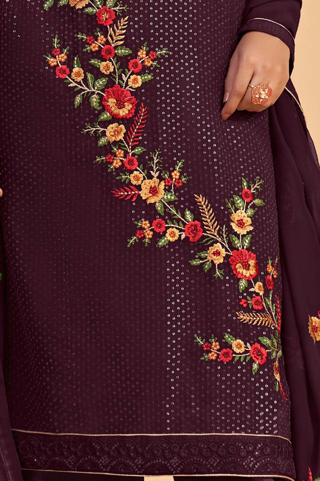 Violet Georgette Embroidered Round Neck Sharara Suit Set (ZAIDA12-2053-A)