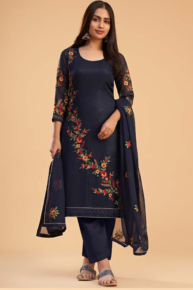 Navy Blue Georgette Embroidered Round Neck Sharara Suit Set (ZAIDA12-2053-B)