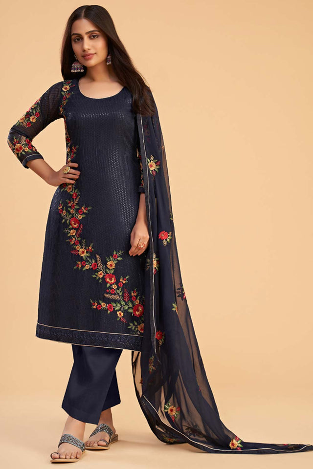 Navy Blue Georgette Embroidered Round Neck Sharara Suit Set (ZAIDA12-2053-B)