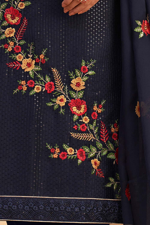 Navy Blue Georgette Embroidered Round Neck Sharara Suit Set (ZAIDA12-2053-B)