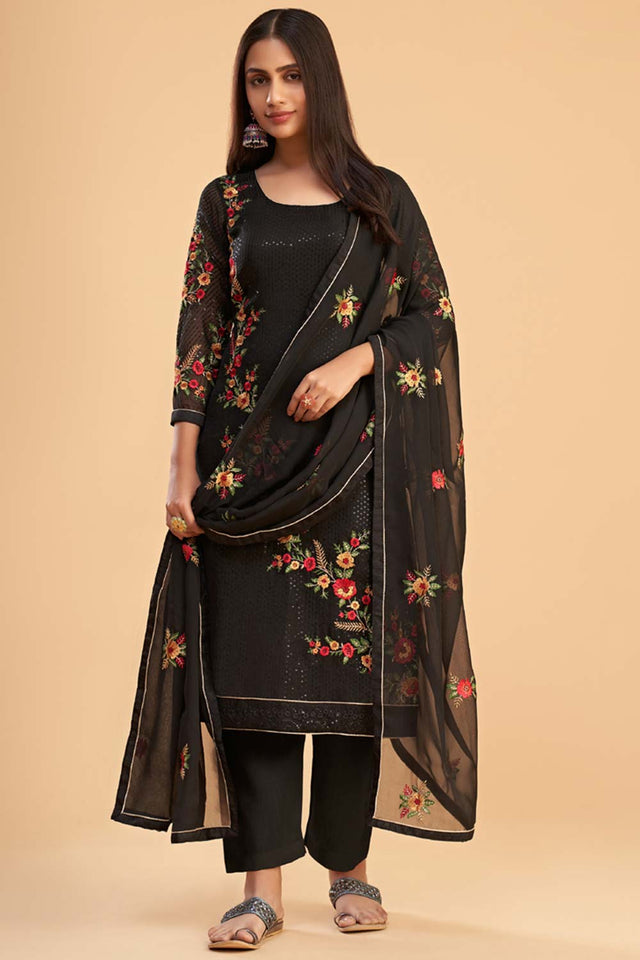 Black Georgette Embroidered Round Neck Sharara Suit Set (ZAIDA12-2053-C)