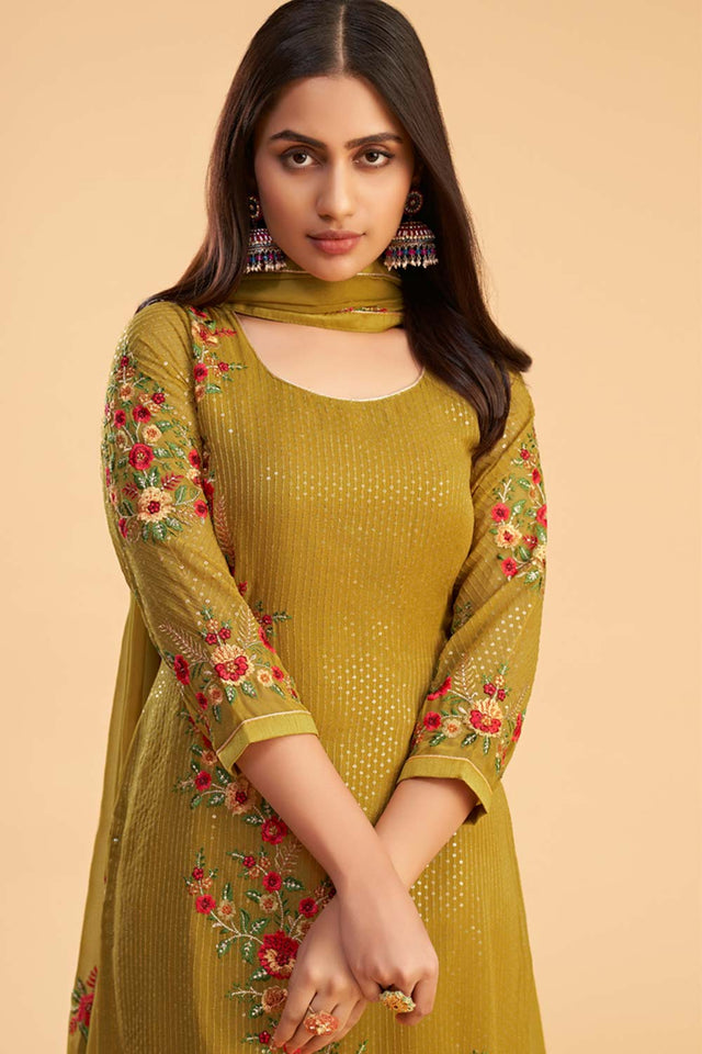 Mustard Georgette Embroidered Round Neck Sharara Suit Set (ZAIDA12-2053-D)