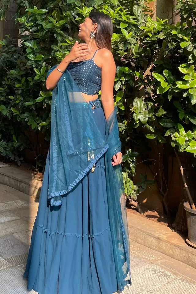 Blue Solid Georgette Lehenga