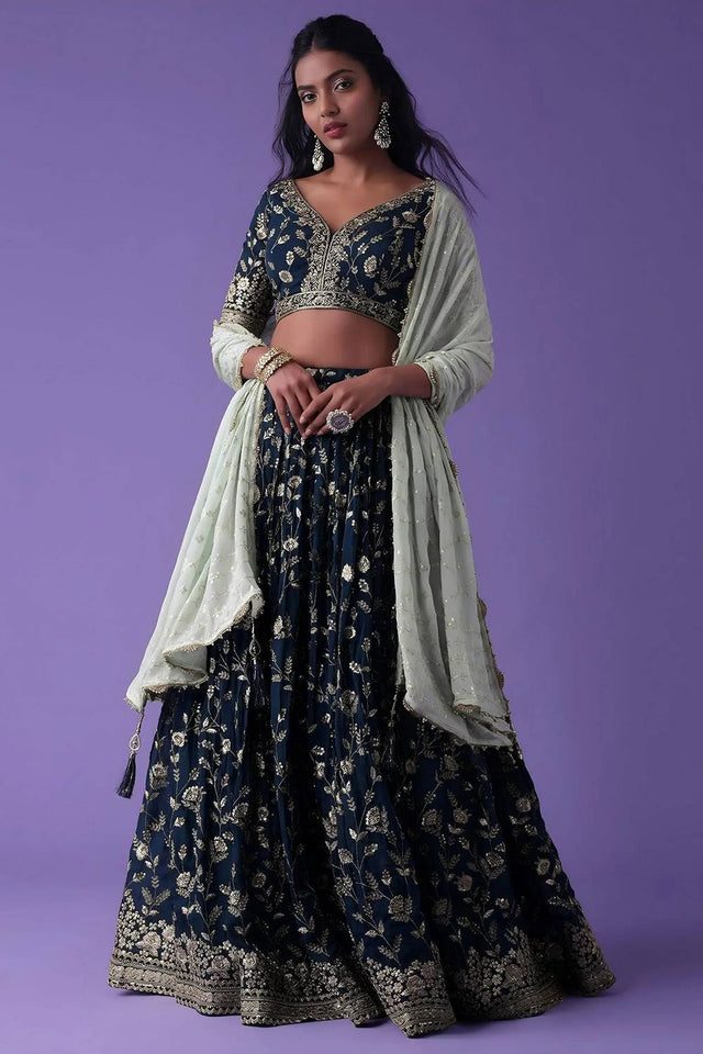 Blue Embroidered Georgette Lehenga