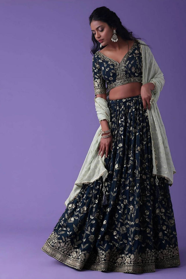 Blue Embroidered Georgette Lehenga