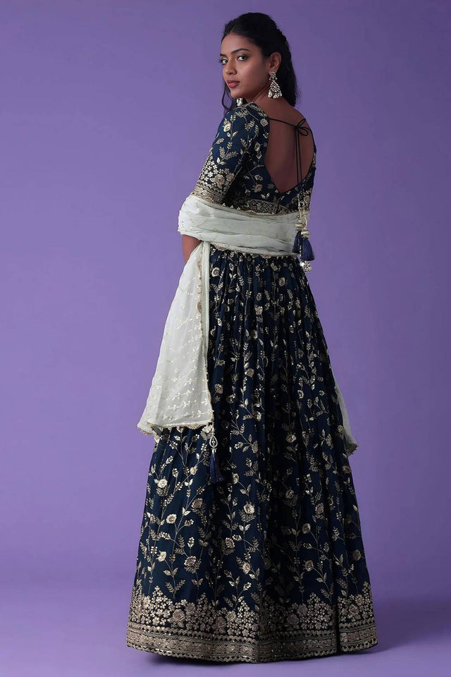 Blue Embroidered Georgette Lehenga